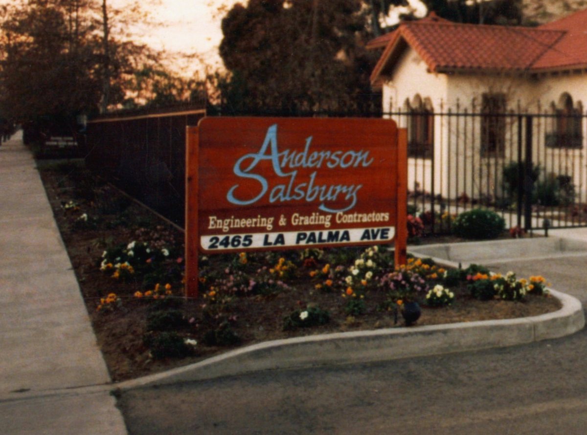 The Anderson Salsbury engineering and grading contractors sign at 2465 La Palma Ave